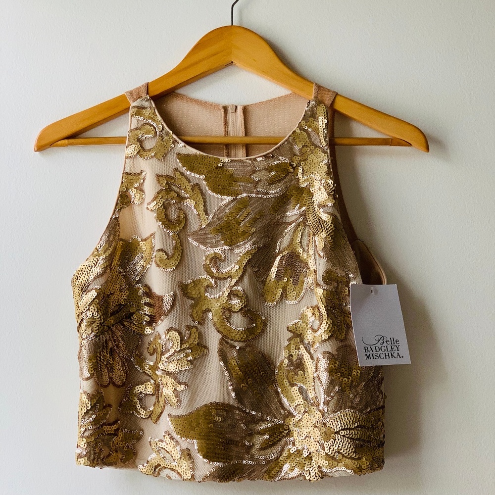 NWT! BELLE BADGLEY MISCHKA Gold Sequin Top 6.